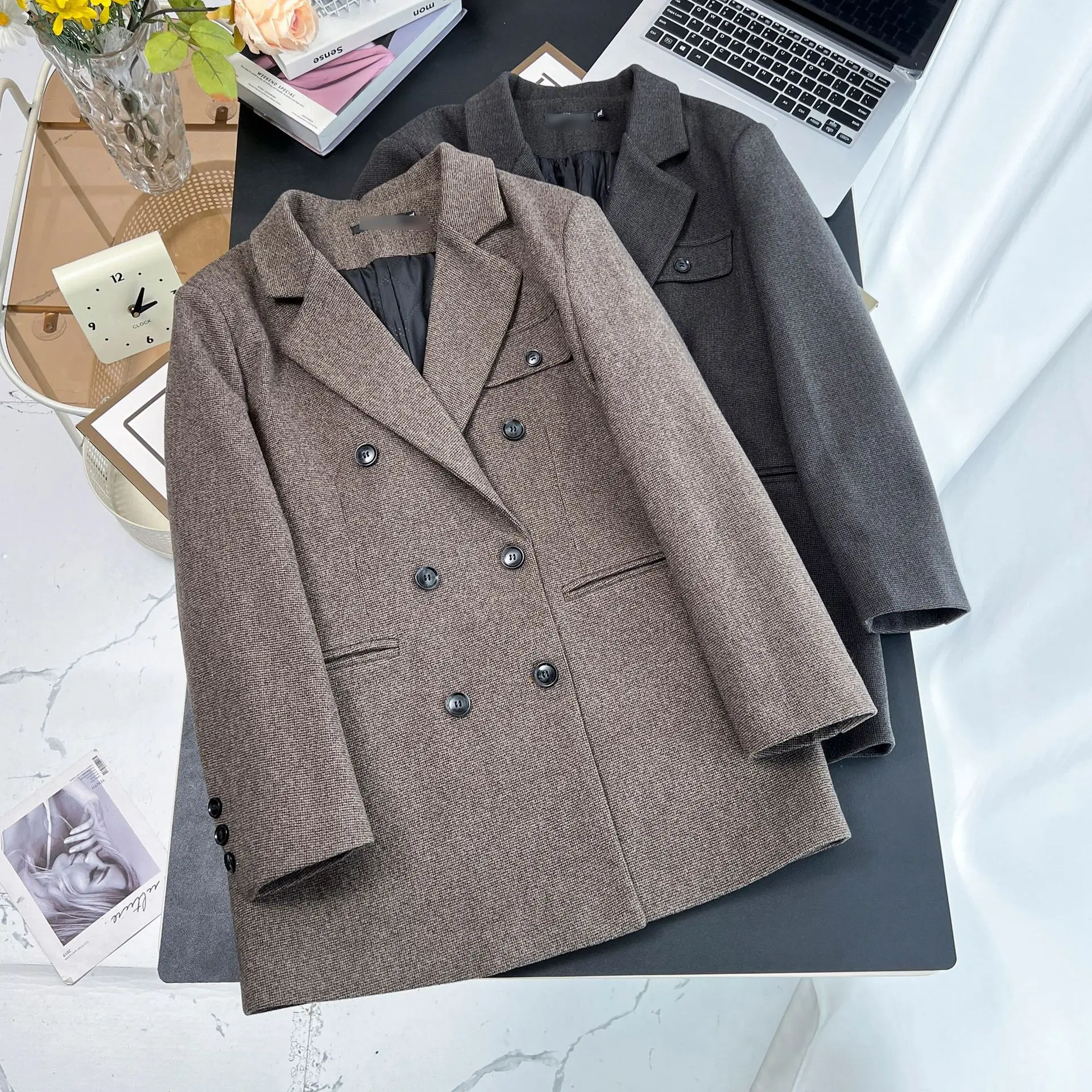 Plus Size Women Blazer Winter Thicken Warm Quilted Woolen Lounge Jacket Fashion Double Breasted Long Overcoat 2429