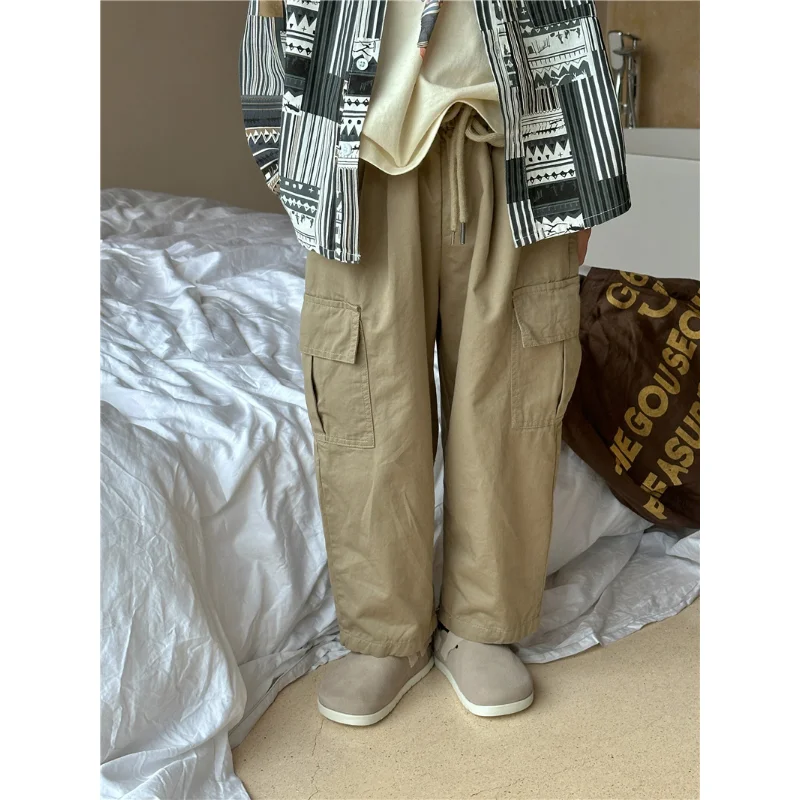 

2023 Spring Autumn New Fashionable Korean Style Boy and Girls Pocket Casual Washed Cotton Casual Kids Pants Children Overalls