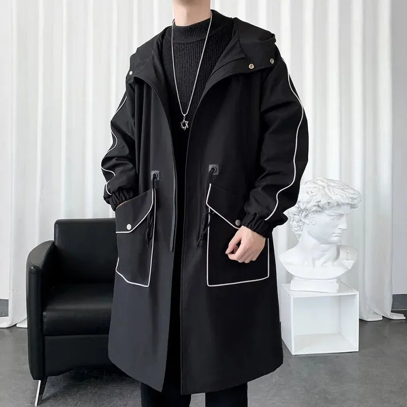 Spring New Men Korean Trend Loose Over the Knee Parka Handsome Pocket Long Sleeved Drawstring Hooded Windbreaker Coat