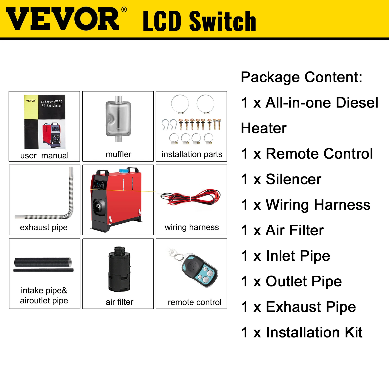 VEVOR 12V Standhezung Diesel, 8KW Diesel Lufterhitzer, 0,18-0,48  Standheizung, Luft Dieselheizung, Air Diesel Heizung für Auto RV Boote LKW  Wohnmobil Bus mit Schalldämpfer(1 Luftauslass)