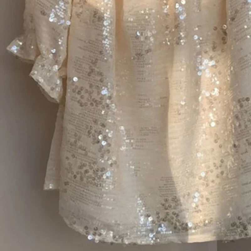 Shirt women's summer 2024 new French fashion sequins with one collar and two temperament age-reducing loose round neck tops.