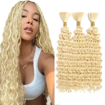 613 Blonde Human Human Braiding Hair Deep Wave Bulk Blonde Deep Curly Hair for Boho Braids 3 Bundles 613 Color for Women 150g 1