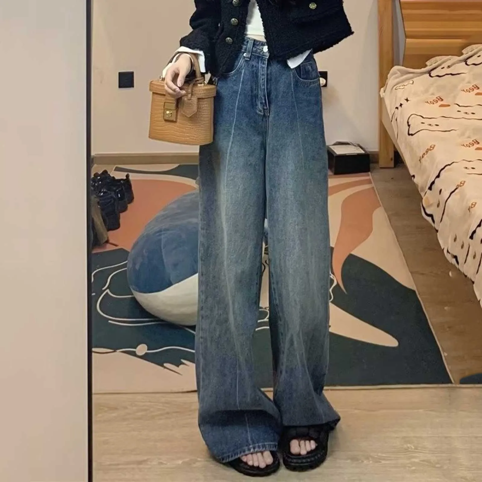 Vintage Wide Leg Pants For Women High Waist Loose-fit Slimming Straight Jeans For Women Spring Summer Versatile Long Pants 2024