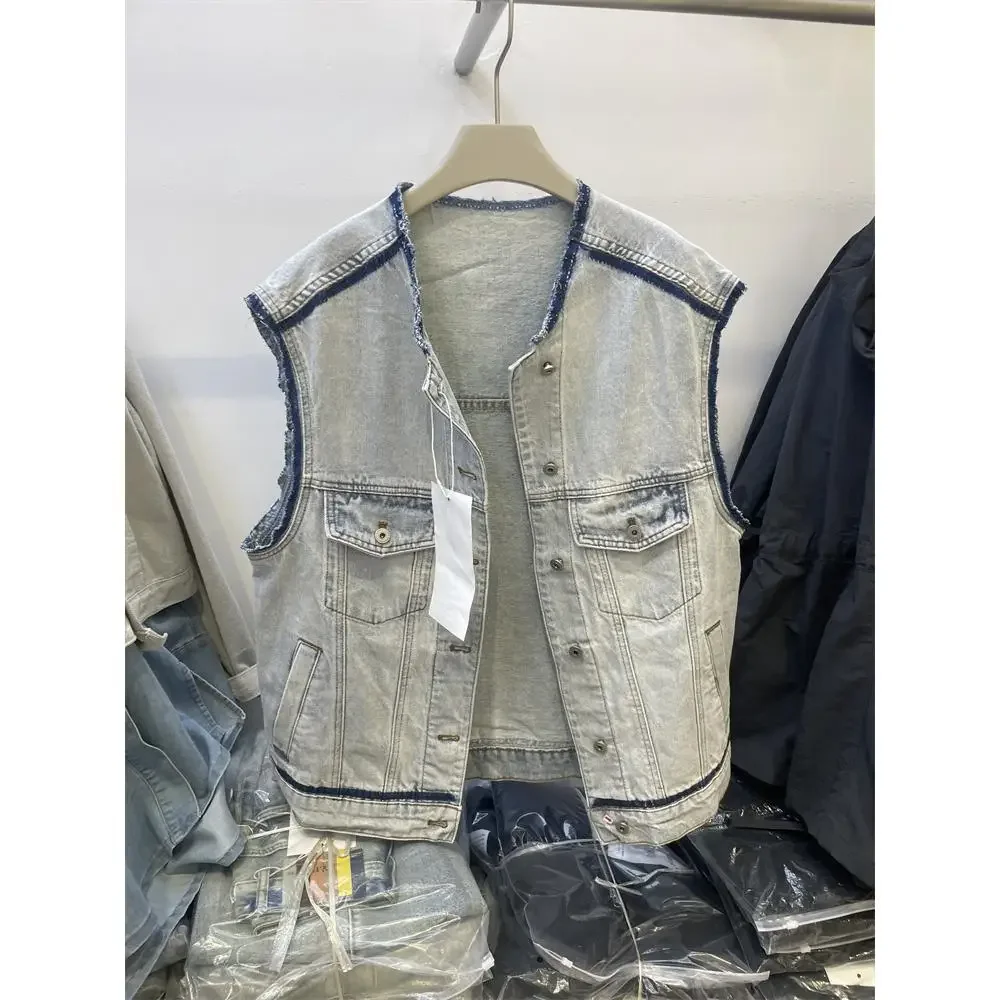 Trendy Fashionable Color Block Round Neck Beard Edge Distressed Vintage Denim Vest Women's Shoulder Vest Versatile Jacket