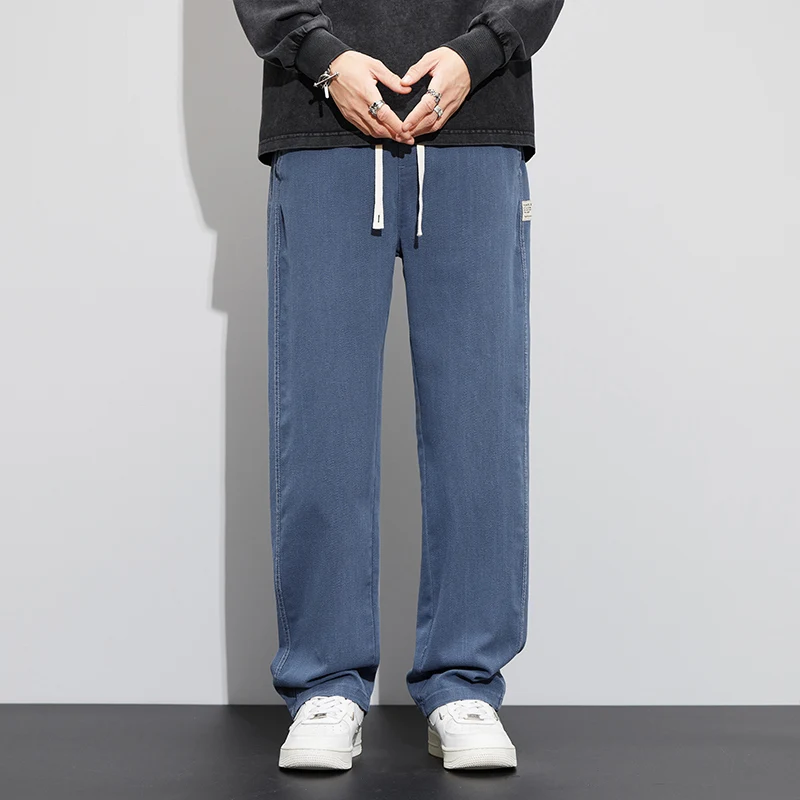 2023 Men's imitate  Jeans Soft And Slightly Elastic Regular Straight Tube Diagonal Pockets Loose Pants  Drawstring Elastic Waist