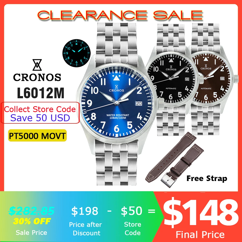 Cronos Pilot Flieger Orologio Meccanico Da Uomo 39Mm In Acciaio Inossidabile Super Lum Domed Sapphire Crystal 5Link Bracciale L6012