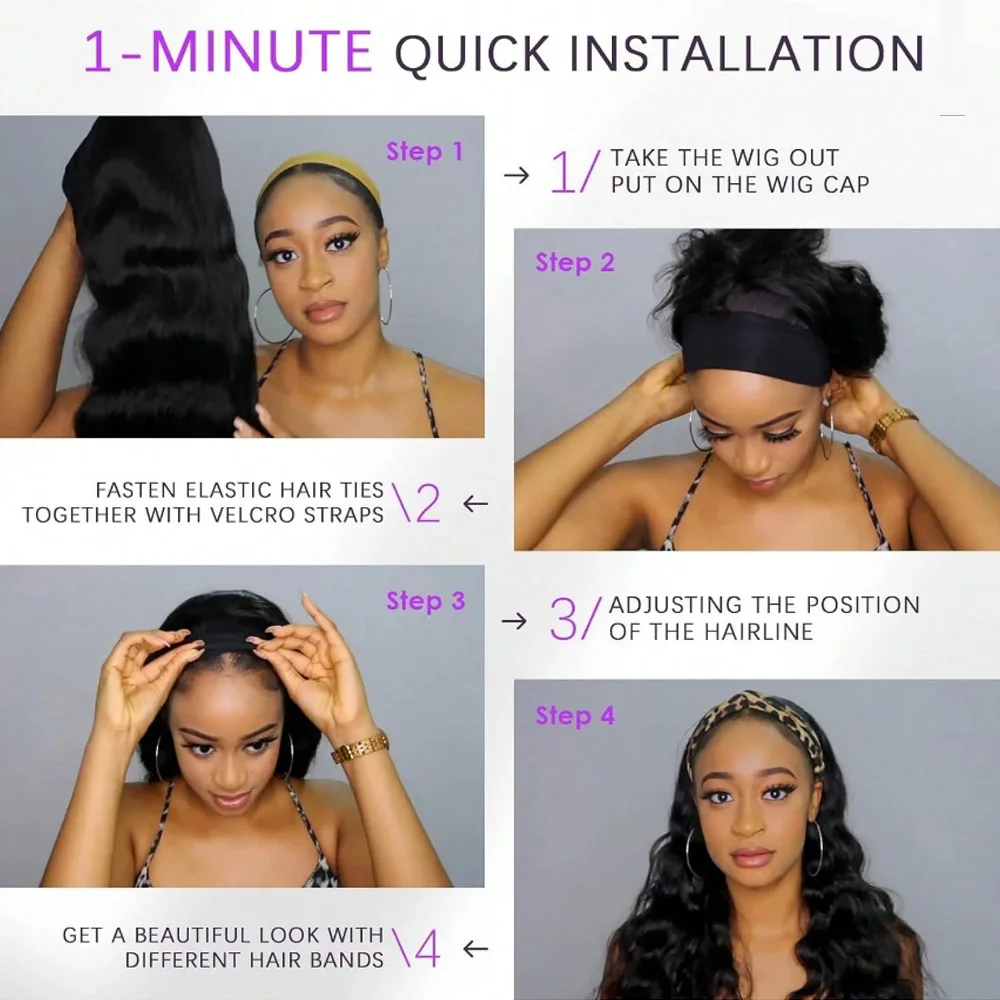 Headband Wig Human Hair Wigs for Black Women Human Hair Headband Wig Body Wave 18 Inch Wear and Go Wigs 200% Density