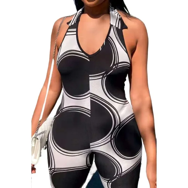 Print Club Outfits for Women Clubwear 2023 Sexy V-neck Halter Strap Sleeveless Slim Print Black Slim Temperament Casual Jumpsuit