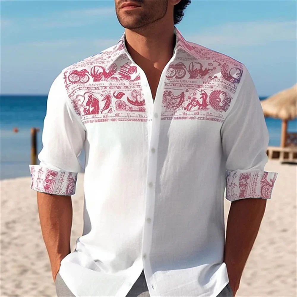 New Hawaiian Beach Shirt Men's Pattern Flower Plush Print Flip Collar Button Shirt Outdoor Long sleeved Street Casual Clothing