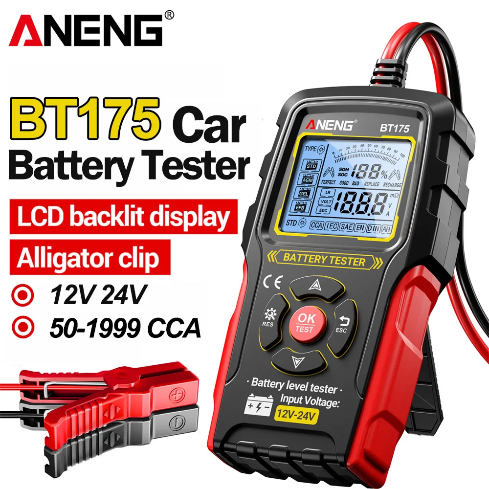 12V 24V Car Battery Tester Digital Automotive Alternator Analyzer Display Screen ANENG BT175 Insulated Alligator Clip Tools