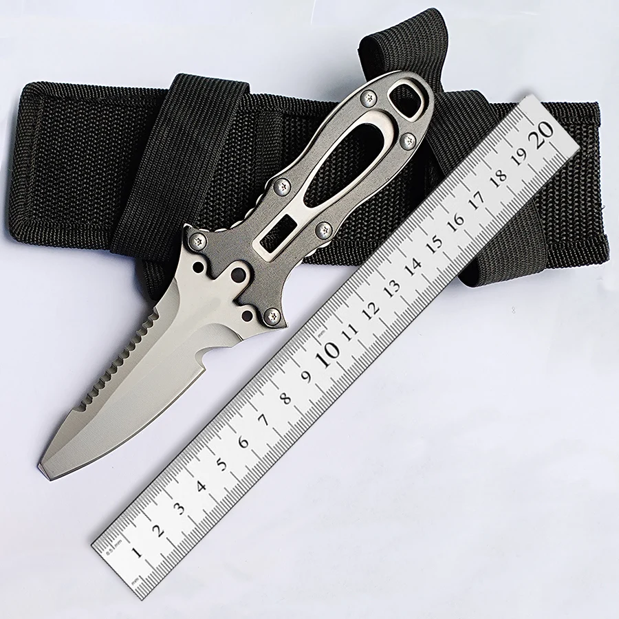 

Super classic survival diving knife fixed blade Sharp blade cut the rope hook back serrate nylon sheathed with the rope
