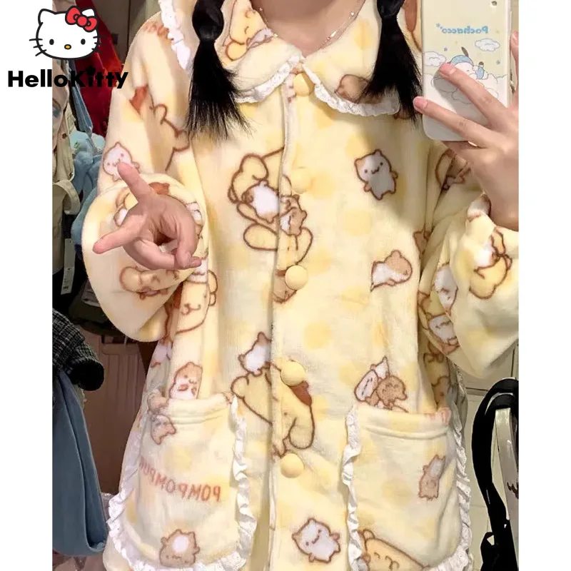 

Sanrio Pom Pom Purin Plush Fluffy 2 Pcs Pajamas Set with Peter Pan Collar for Women Winter Cute Cartoon Thickened Warm Home Set