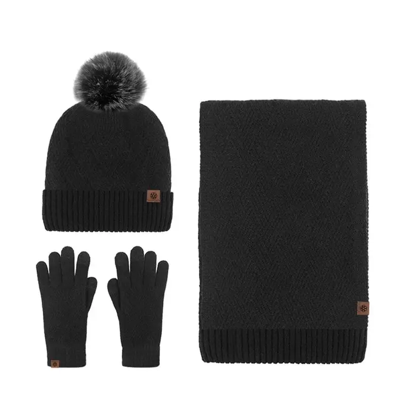 

Winter Wool Beanie Hat Scarf Gloves Set For Women Beanie With Pom Long Scarf Neck Warmer Gloves