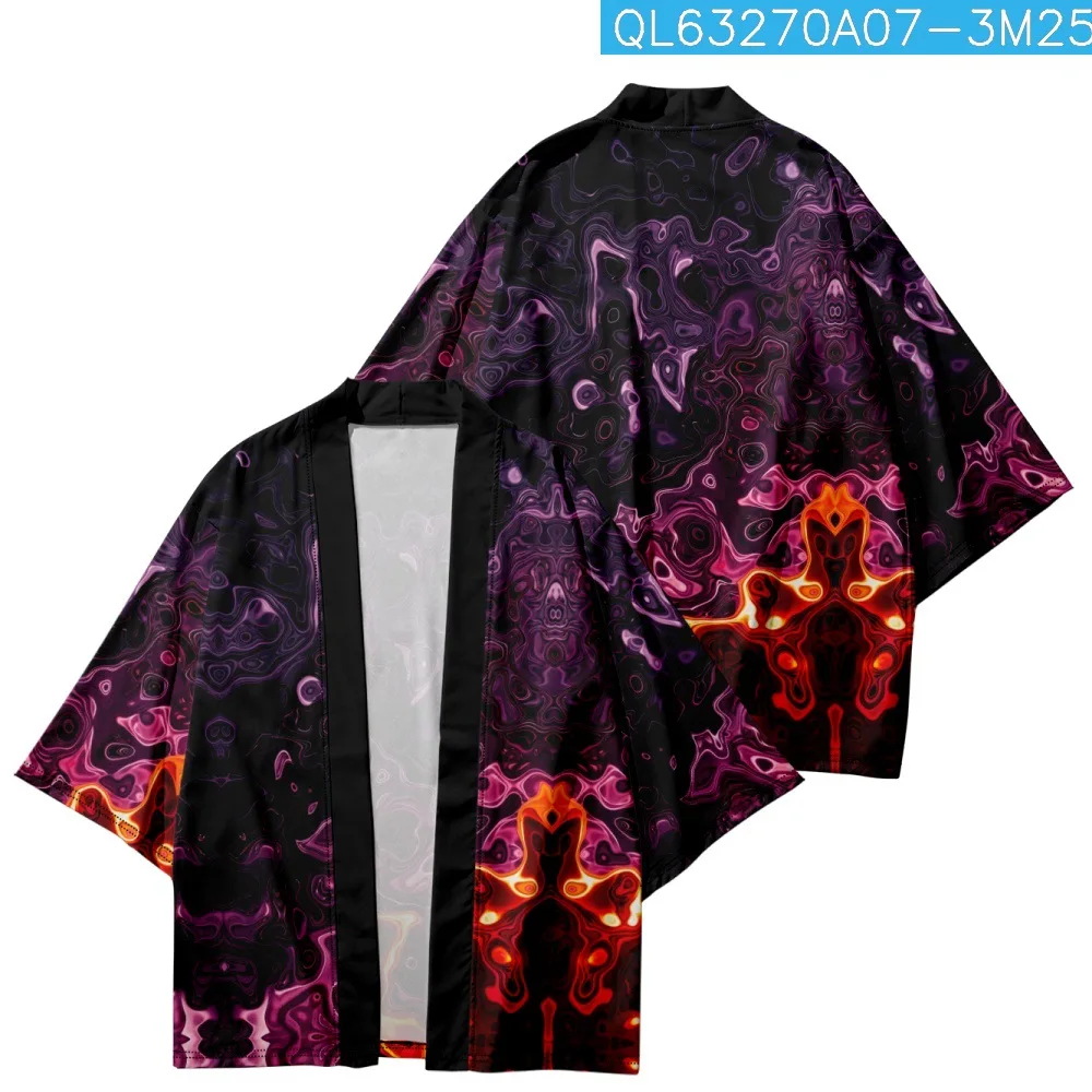 Black Kimono Cosplay Samurai Purple Flames Print Haori Women Men Cardigan Yukata Costume Japanese Streetwear Traditional Clothes