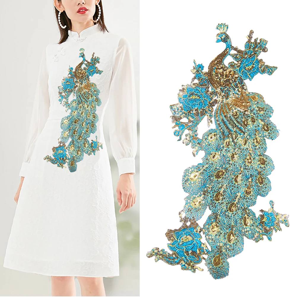 1PC Elegante Große Stickerei Pfau Pailletten Tuch Kleid Kleidung Aufkleber Blume Perlen Dekorative Aufkleber Cheongsam Nähen Liefert