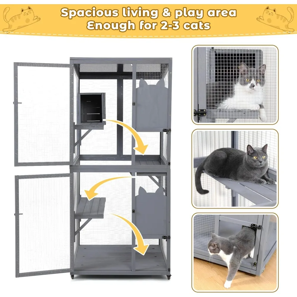 Outdoor Cat Enclosure Window Access, Outdoor Cat House with Wheels, Cage for Cats Indoor
