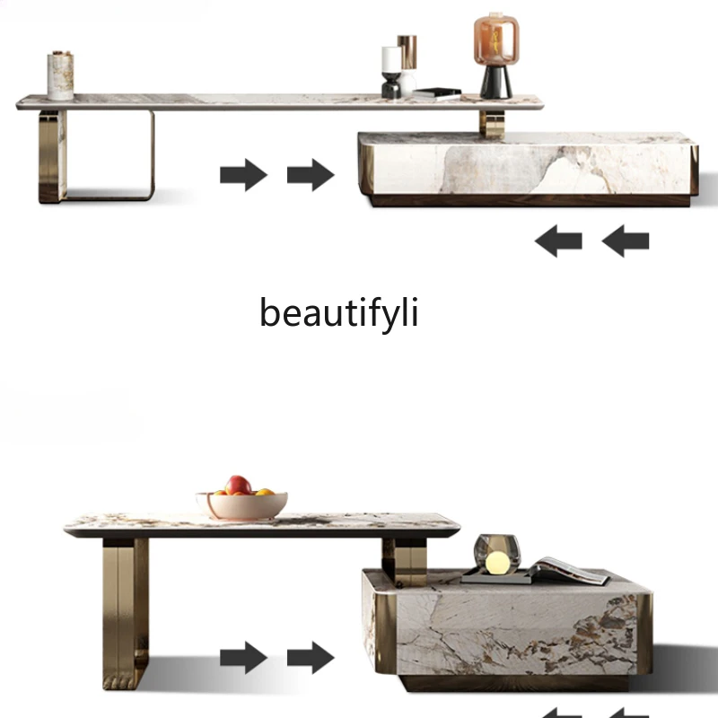 

Light Luxury Retractable TV Cabinet and Tea Table Combination Stone Plate Bedroom Metal Stainless Steel Floor Cabinet
