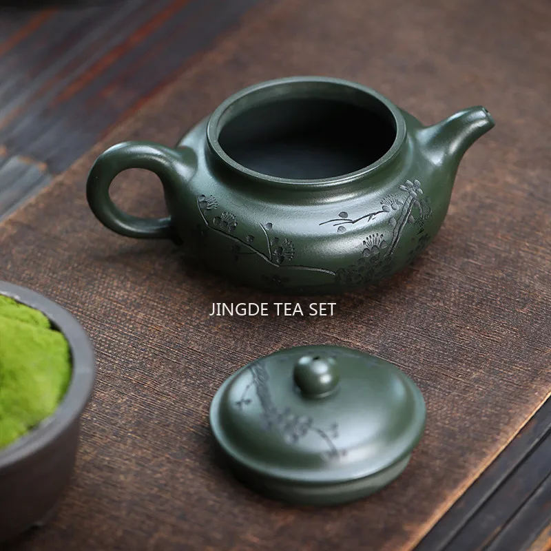 300ml Yixing Handmade Purple Clay Teapot Hand-carved Plum Blossom Pattern Tea Pot Raw Ore Green Mud Kettle Zisha Tea Set