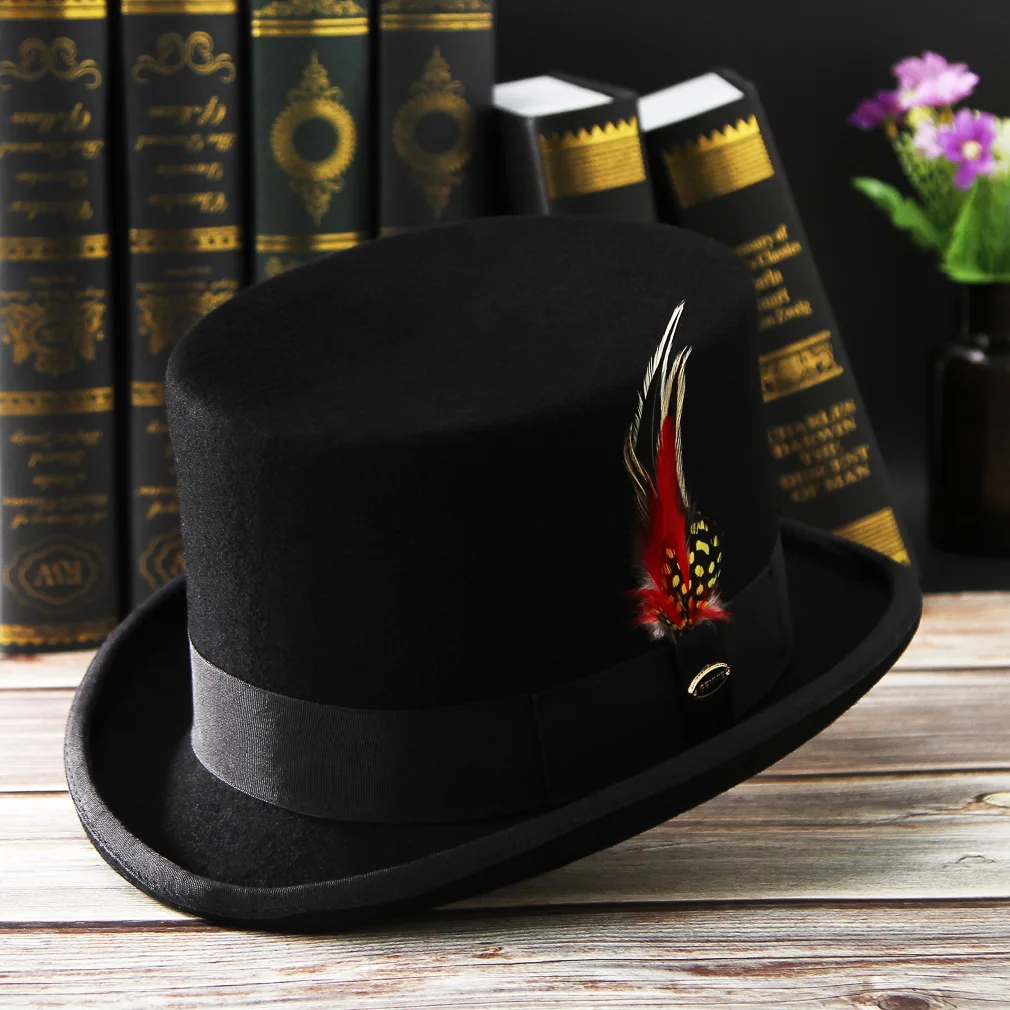 Men Hat 100% Wool Fedora Hat Unisex Top Show Gentleman Bowler Hat Black Red Magic Hat Presidential Hat Feather Accessories