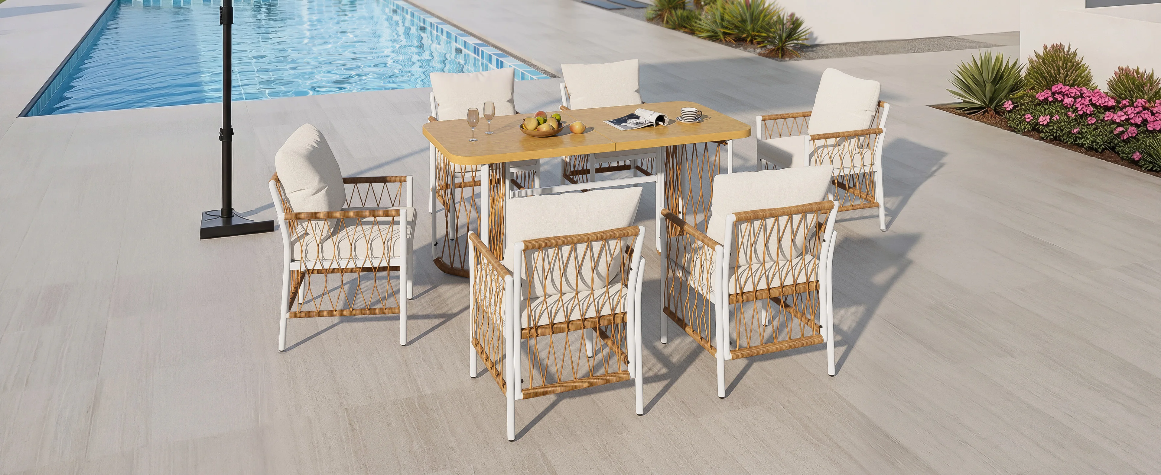 Modernes Outdoor-Set, Freizeit- und Besprechungsset für mehrere Personen, Eisenrahmen, geflochtene Armlehnen, Sitzkissen inklusive. – Detail 12