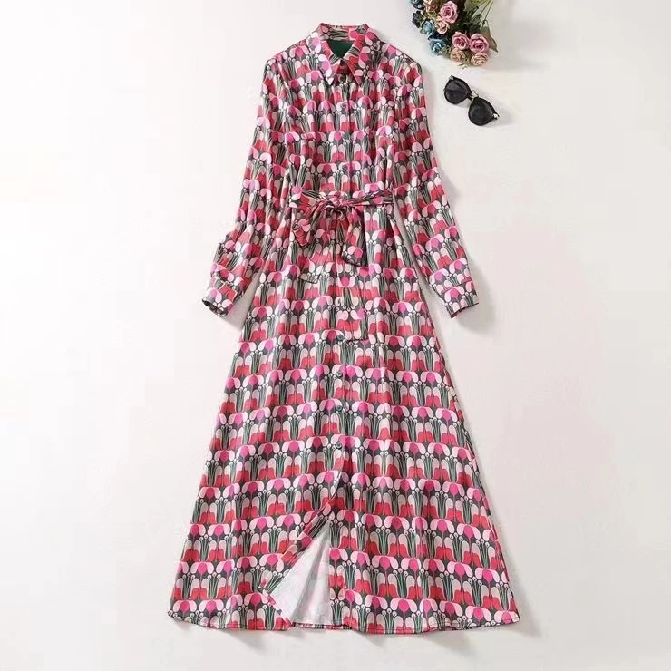 

European and American women's clothing 2023 autumn new Long sleeve cartoon print single breasted lapel Fashion pleated dress XXL