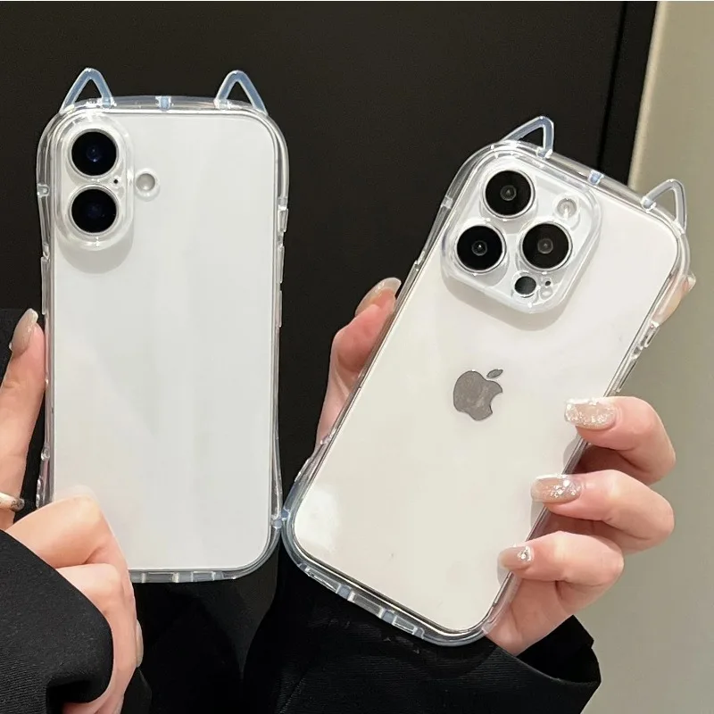Charming Cartoon Cat Ear Silicone Shockproof Phone Case - Transparent Cover