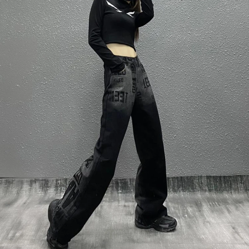 low rise jeans JMPRS Streetwear Letter Print Jeans High Waist Fashion Black Straight Baggy Denim Pants Y2k New 2022 Loose Female Trousers levis 501