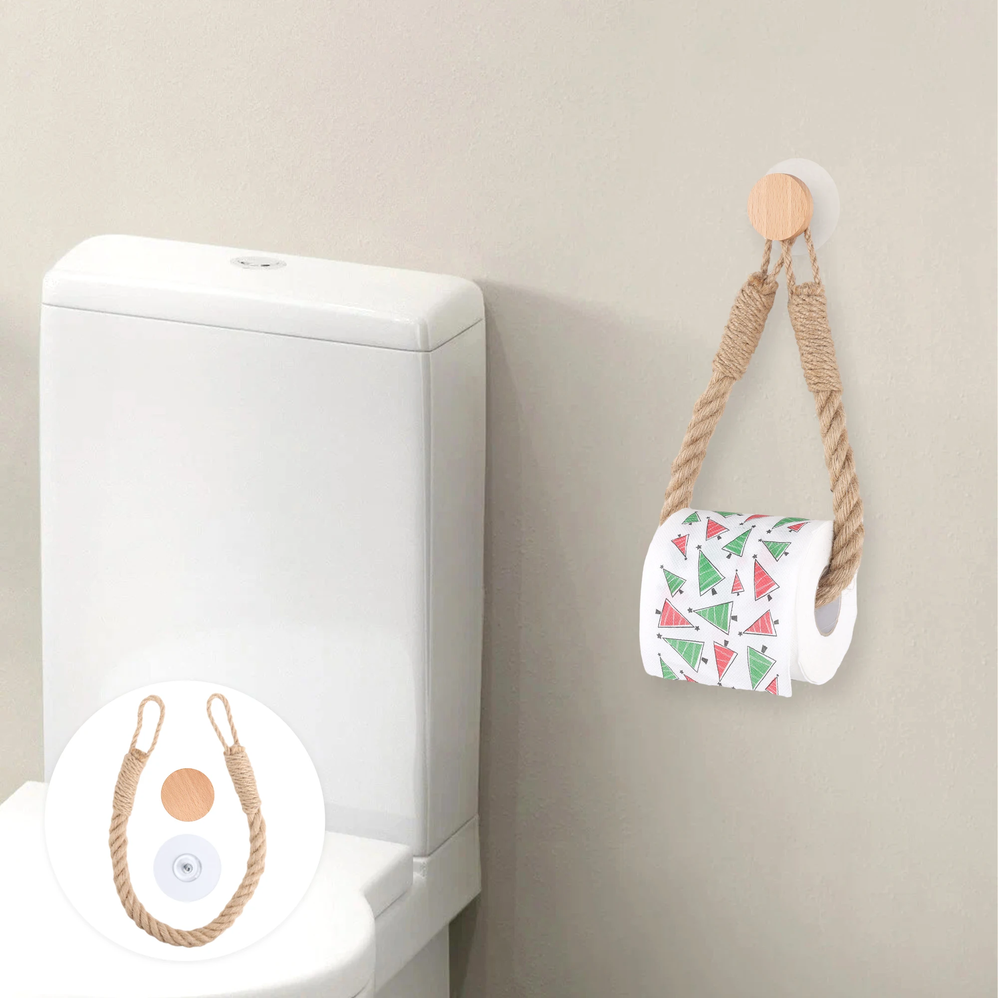Natural Wood Paper Rack Hanging Wall Hook Retro Hanging Rope Toilet Paper Rack Home Hotel Bathroom Decoration Holder