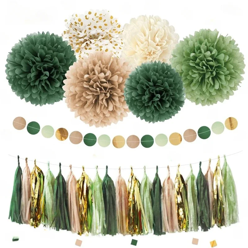 Rustic Sage Green Gold Cream Tissue Paper Pompom Dots Paper Garland Tassel Banner Hanging Safari Forest Birthday Party Decor party decorations birthday banner