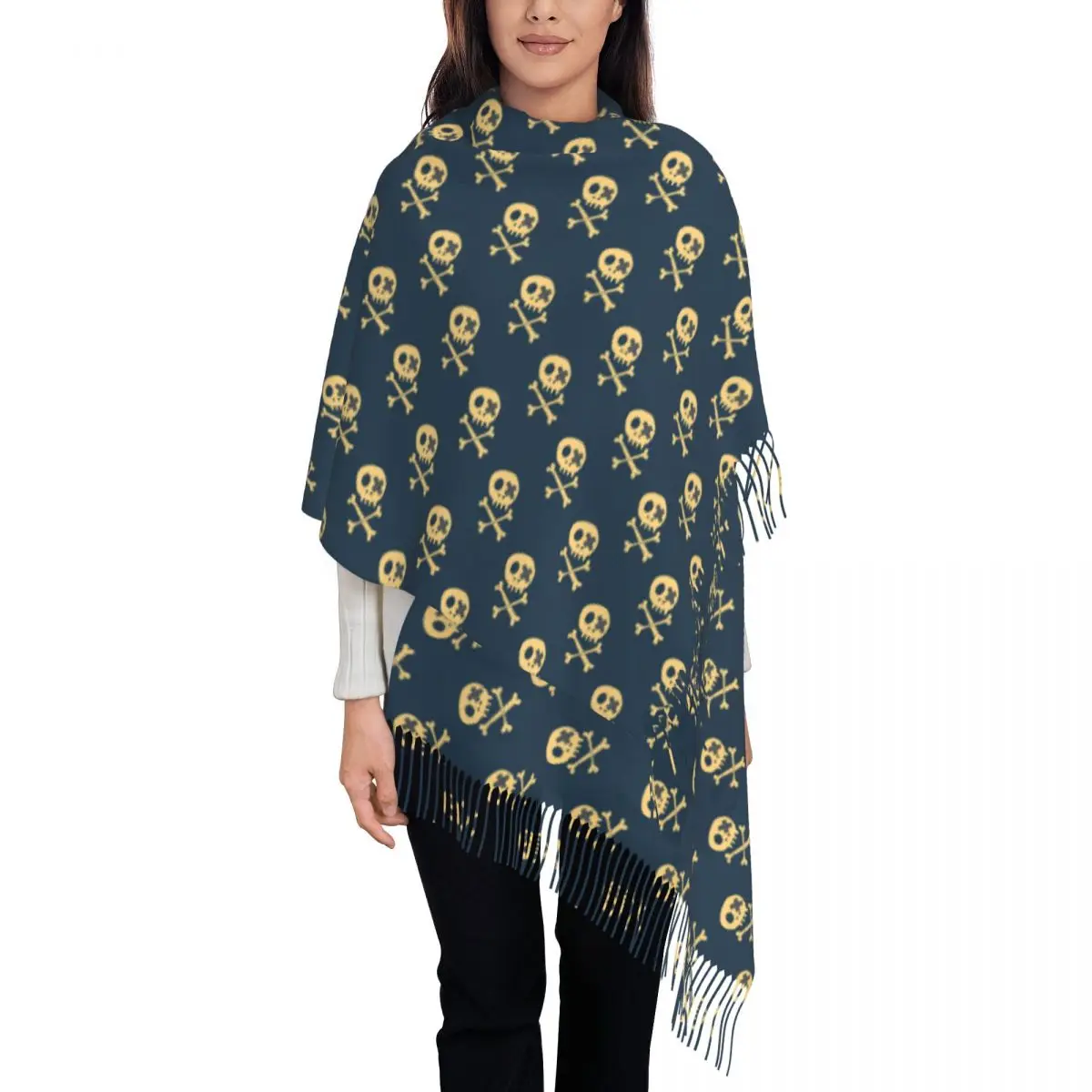 

Skulls Doodles Scarf with Long Tassel Cute Pirate Sketch Warm Shawls and Wrap Unisex Graphic Large Scarves Winter Bufanda Mujer