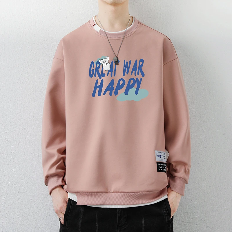 Fashion Cartoon Letter Pullovers Spring Autumn Long Sleeve Men's Clothing Fake Two Pieces Spliced Casual Round Neck Sweatshirts