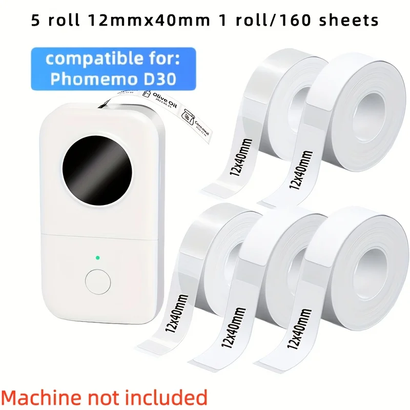 흰색 & 투명 감열 라벨 용지 12x40mm D30 프린터용, 보관 용기용 자가 접착식 찢김 방지 스티커