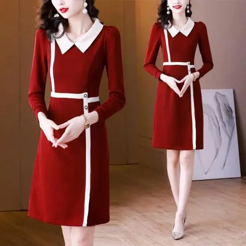 

Women Spring Bodycon Dress 2023 New High Quality Office Lady Elegant Peter Pan Collar Patchwork Package Hip Slim Dresses
