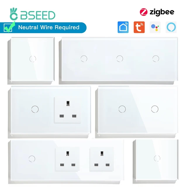BSEED Zigbee 1/2/3Gang Touch Switches 1/2/3Way Tuya Smart Life App Control With UK Sockets Glass Panel Neutral Version White