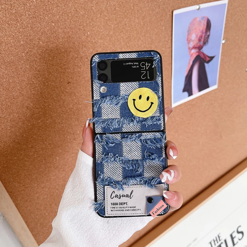 

Funda Case for Samsung Galaxy Z Flip 4 Z Flip 3 Fringed Denim Smiling Face Shockproof Protetcion Mobile Phone Case Cover ZFlip4