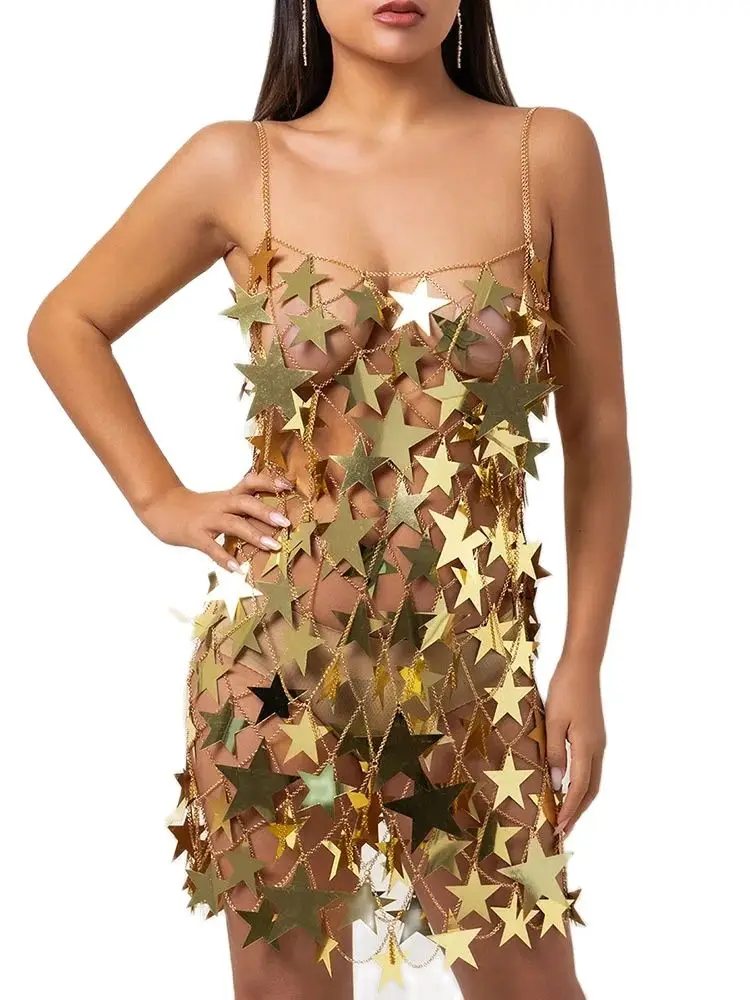 

Sexy Fashion Hollow Out Festival Sequin Dresses For Women 2023 Sleeveless Backless See Through Plastic Metal Chain Mini Dress