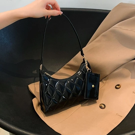 

NEW 2023 Black Bright Trend Girl Woman Messenger Shoulder OL Bags PU PVC Leather Women Lady Shining Handbag Purses Tote Bags