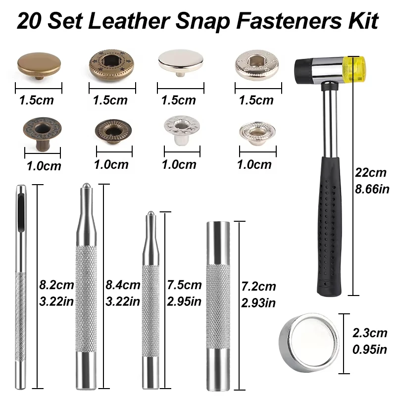 Fenrry Leather Snap Fasteners Kit Press Stud Metal Button Snaps with Hammer Installation Tools for DIY Leather Craft Accessories leather tools,leather craft tool kit,leather craft tools,leather craft tool,snap buttons tools