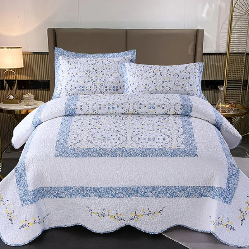 CottonBedspreadontheBedQuilt3PCSetEmbroideredQuiltedBlanket