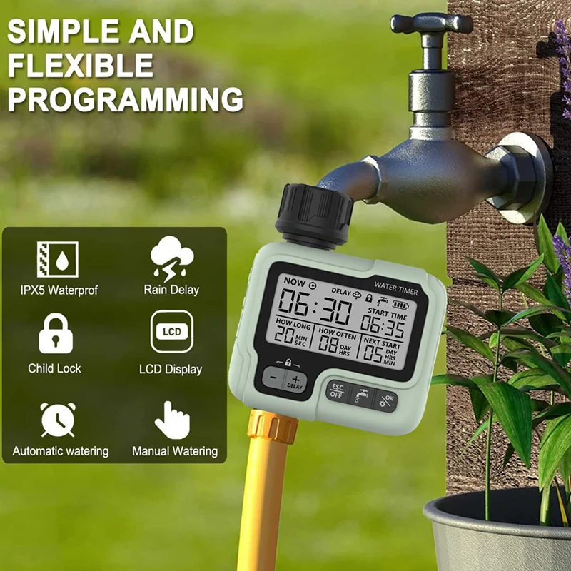 Water Timer Garden Lawn Tap Sprinkler Timer Irrigation System  Controller/Child Lock Mode/Auto&Manual Mode/Rain Delay/IPX5 Waterproof