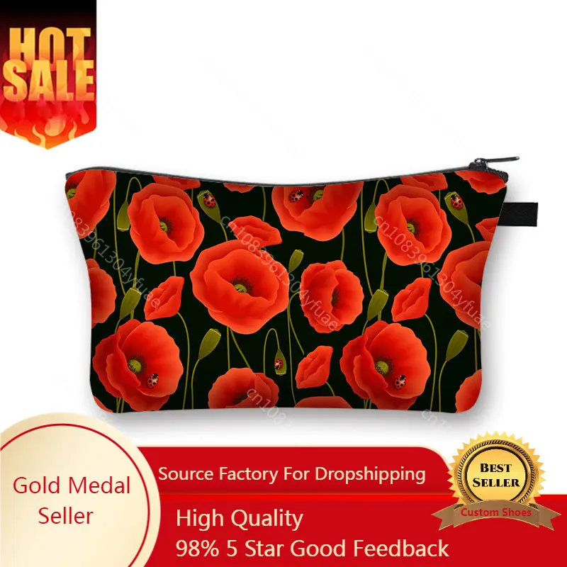 Donne Red Poppies Flowers Print Cosmetic Bag Ladies Makeup Bag Piccola Borsa Da Toilette Femminile Beauty Bags Custodia Per Cosmetici