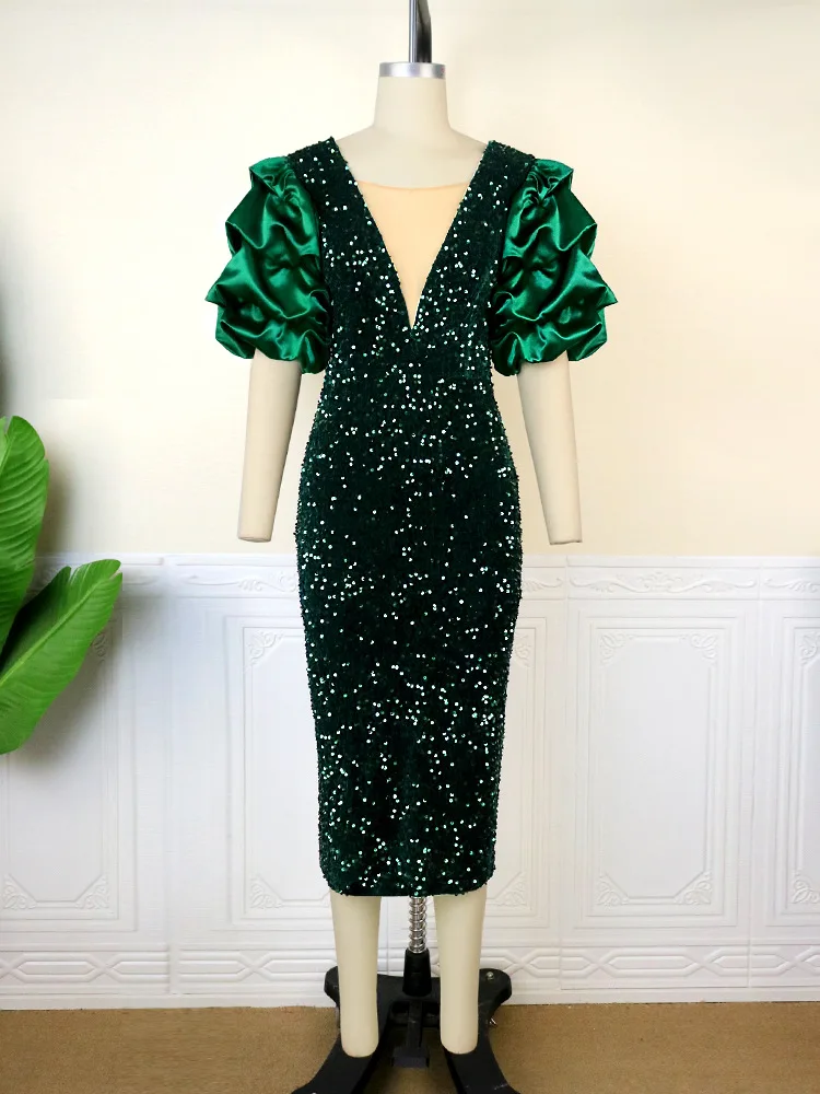 Plus Size Women Sequin Dress Puff Sleeve Party Dress Female Fashion Elegant Evening Gowns Casual Luxury Christmas Clothes