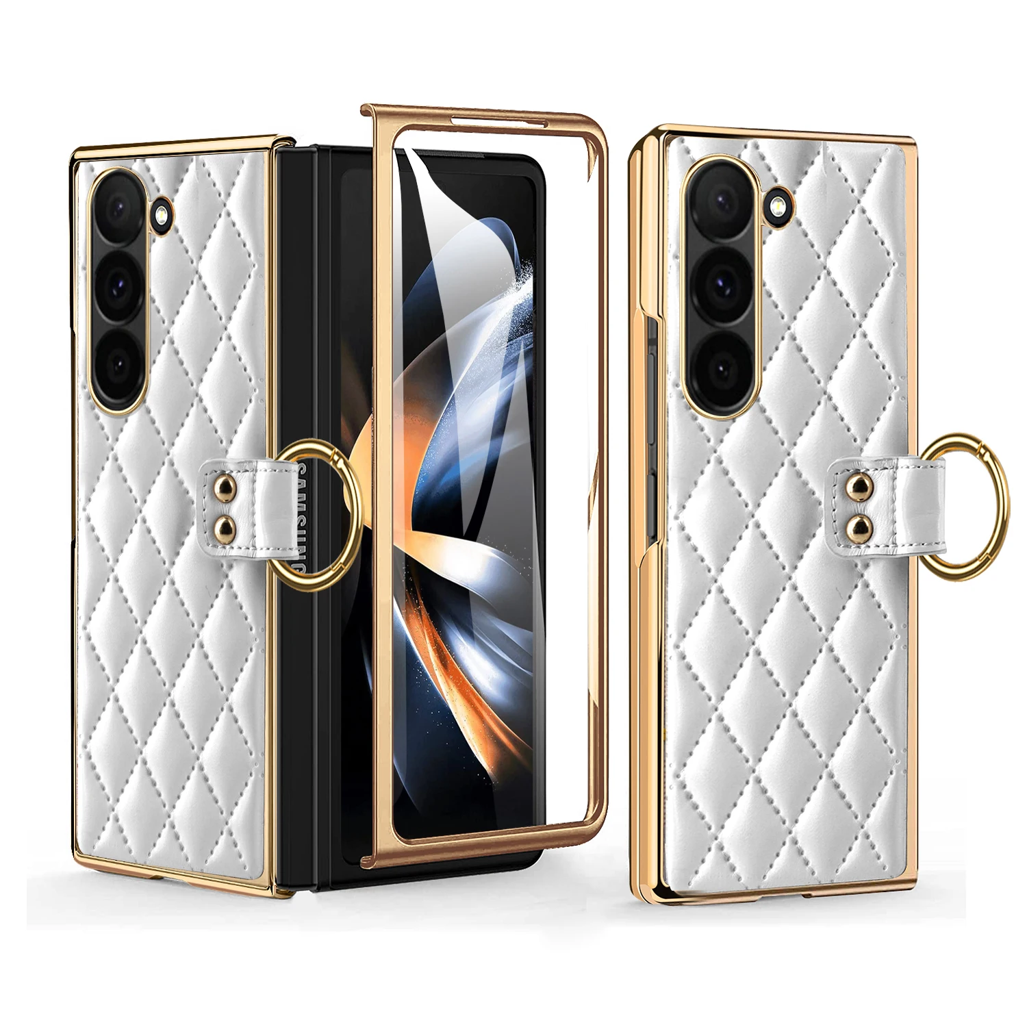 Elegant PU Leather Phone Case with Tempered Glass and Finger Ring - Premium Design