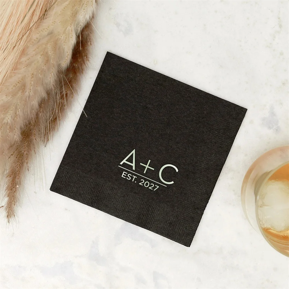 

50pcs Personalized Initials Napkins - Modern Established Initial Cocktail Napkins - Custom Printed Foil Napkins, Wedding, Anniv