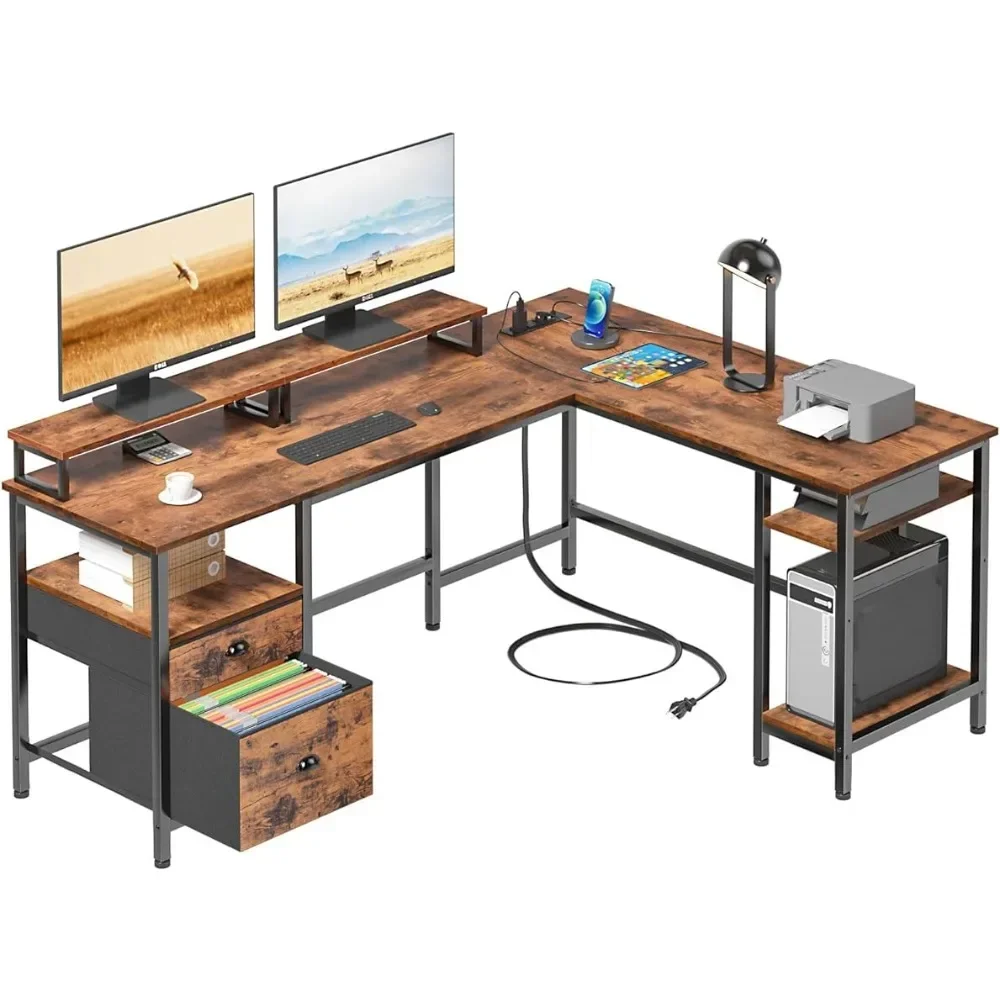 Reversible Computer Desk With File Drawer & 2 Monitor Stands 66” L Shaped Desk With Power Outlet Rustic Brown Free Gaming