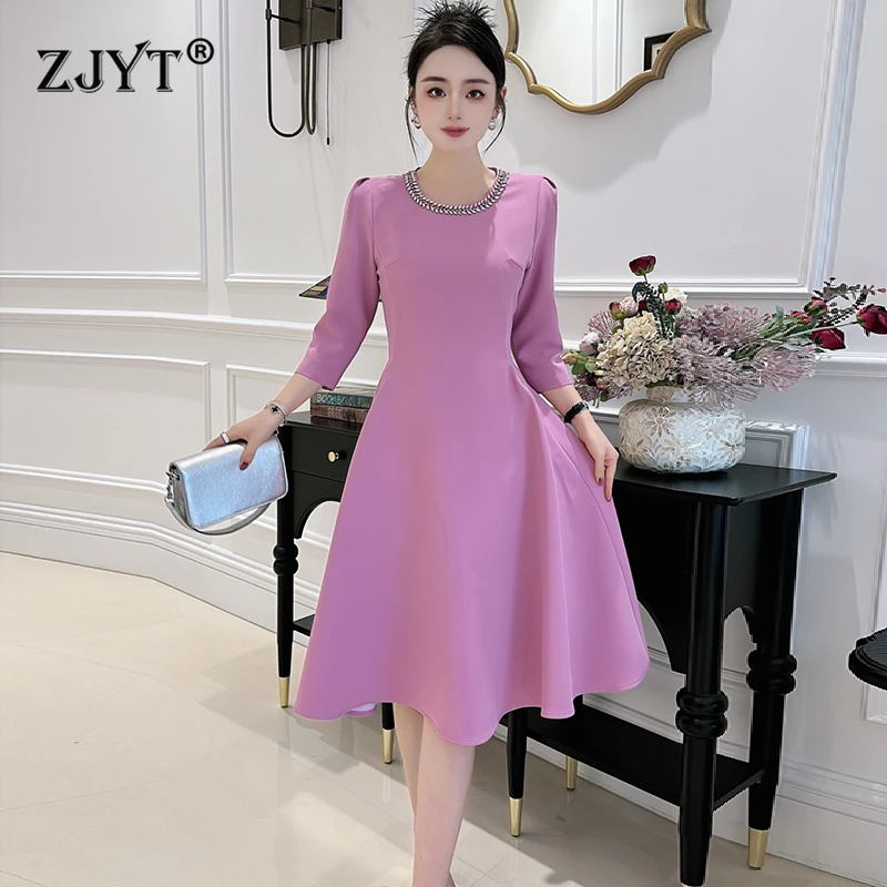 

ZJYT Elegant Diamonds O Neck Simple Party Dress Women 2024 Fashion Spring Three Quarter Sleeve Aline Dresses Casual Daily Pink