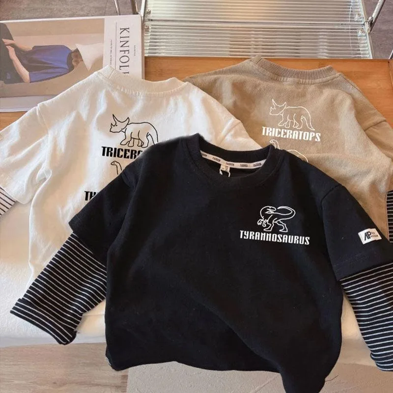 2025 Spring and Autumn Children's Long Sleeve Tees Fake Two Piece Girl's Sweatershirt 1-7Y Boys Casual Loose Pullover Dino Tops 1
