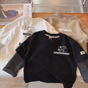 2025 Spring and Autumn Children's Long Sleeve Tees Fake Two Piece Girl's Sweatershirt 1-7Y Boys Casual Loose Pullover Dino Tops 1