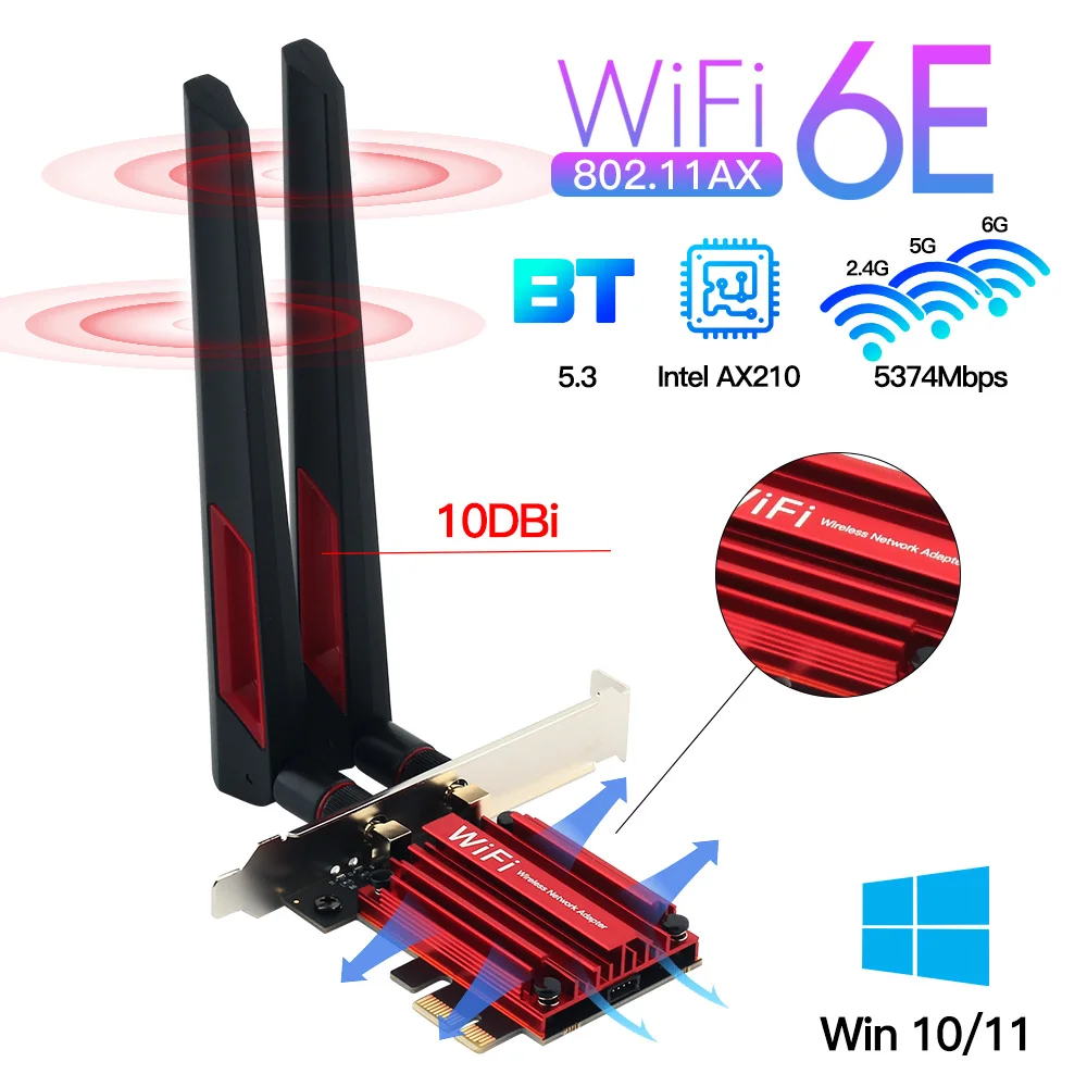Adaptador Intel Ax210 Pcie Wifi 6e 5374mbps Ax210ngw sem Fio Bluetooth 5.3 Placa de Rede Antena 10dbi 802.11ax Windows 10 11
