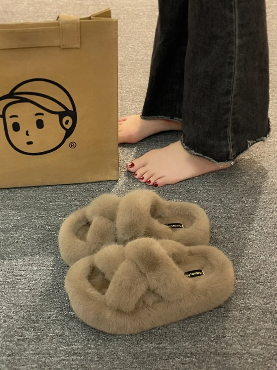 

Шлепанцы женские из флока, Сланцы на плоской подошве, искусственный мех, плюш, дизайнерская обувь в римском стиле, осень 2023